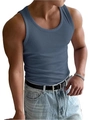 Men's slim fit grey blue ribbed tank top with round neck for summer fitness training - Blue