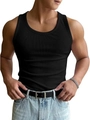 Men's slim fit black ribbed knit gym vest with a classic round neck for summer training - Black