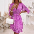 Detail of V-neck floral dress featuring smocked waist and soft purple chiffon fabric - S / Top And Bottom / Purple