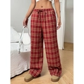Red brown plaid wide leg pants with high waist drawstring and cozy loose fit design - M / Bottoms / Red Plaid