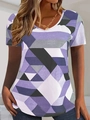 Dettaglio maglietta a girocollo con stampa geometrica a mosaico viola e grigia - Taglia S / Top / Blu