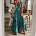 Detail of bohemian green floral maxi dress with pleated waist and deep v-neck design - S / Top (TS2239) / Green