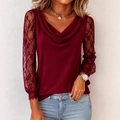Elegant wine red cowl neck top for women featuring floral lace long sleeves and soft fabric - Dark Red