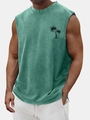 Detail of vintage washed teal cotton tank top with black palm tree print on chest - S / Green