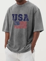 Détail du t-shirt gris anthracite délavé avec imprimé drapeau USA et style rétro - S / Hauts / Gris