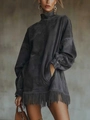 Detailed close-up of charcoal grey high neck tunic featuring side pockets and tassel hemline - S / Dark Gray
