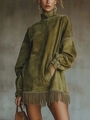 Detail of olive green suede dress featuring a turtleneck and long fringe hemline - S / Green