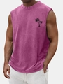 Detail of vintage washed pink cotton vest with black palm tree print on the chest - S / Pink