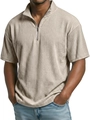 Close-up of beige corduroy polo shirt with quarter-zip detail and ribbed fabric texture - Khaki