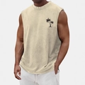 Men's vintage washed cotton tank top with minimalist coconut tree print in beige - S / Khaki