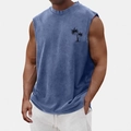 Vintage washed blue men's cotton tank top with black palm tree print in loose fit - S / Blue