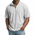 Men's light grey corduroy polo shirt with half-zip collar and vertical texture - White