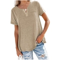 Khaki women's short sleeve V-neck t-shirt with functional buttons and chest pocket - S / Tops / Khaki