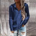Detail view of navy blue ribbed zip-up hoodie with drawstring and knit texture - S / Tops / Blue