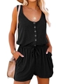 Detail of black sleeveless romper with drawstring waist and functional front buttons - Black