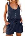 Detailed view of dark blue sleeveless romper with henley neck and drawstring waist - 3XL / Top And Bottom / Navy Blue