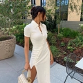 Detail of white polo collar knit dress showing asymmetric buttons and side slit texture - S / Top And Bottom / Beige