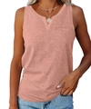 Detailed macro view of V-neckline and decorative chest pocket on pink sleeveless top - S / Pink