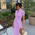 Detailed view of lavender ribbed knit dress showing lapel collar and diagonal button slit - S / Top And Bottom / Purple