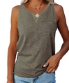 Close-up of V-neck military green tank top with front pocket and knit texture - S / Khaki