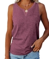 Close-up of V-neckline with pocket detail on women's heather purple sleeveless top - S / Burgundy
