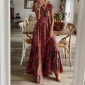 Detail view of Bohemian floral maxi dress featuring a smocked waist and tiered skirt - S / Top (TS2239) / Burgundy