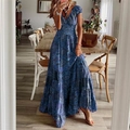 Close-up of smocked elastic waist and paisley print on Bohemian blue maxi dress - S / Top (TS2239) / Blue