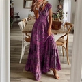 Close-up of smocked waist detail on a bohemian purple floral maxi dress - S / Top (TS2239) / Purple