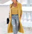 Mustard yellow knit cardigan and V-neck top set paired with blue denim jeans - S / Set / Yellow