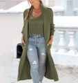 Detail of olive green knit two-piece set featuring long cardigan and matching V-neck vest - S / Set / Army Green