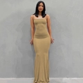Close-up of khaki slim fit maxi dress fabric and spaghetti strap detail on model - S / Khaki