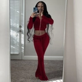 Detail view of burgundy velvet two-piece crop top hoodie and flare pants set - Burgundy