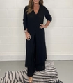 Women's two-piece casual black lounge set featuring V-neck split long top and wide-leg pants - S / Top And Bottom / Black
