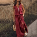 Mouwloze bordeauxrode maxi-jurk voor dames met V-hals rits en zijsplit voor de zomer - S / Boven- En Onderstuk / Rood