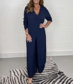 Women's dark blue two-piece lounge set with high-slit long top and wide-leg trousers - Navy Blue
