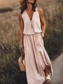 Roze mouwloze maxi-jurk met diepe V-hals, ritssluiting en een stijlvolle zijsplit - S / Boven- En Onderstuk / Khaki