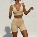 Completo yoga a costine da donna 2 pezzi con canotta e pantaloncini a vita alta beige - Taglia S / Top E Pantaloni / Scollo rotondo ampio / Beige