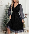 Elegant black V-neck party dress with mesh lantern sleeves and starry silver glitter finish - S / Black