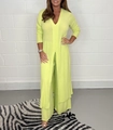 Neon lime green two-piece set featuring long split top and matching wide leg pants - S / Top And Bottom / Yellow