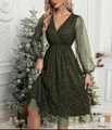 Elegant dark green V-neck dress with gold sequins and black mesh puff sleeves - S / Army Green