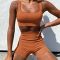Set yoga a coste arancione bruciato con canotta e pantaloncini sportivi a vita alta - Taglia S / Top E Pantaloni / Colletto piatto / Caffè