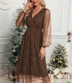 Elegant brown V-neck dress with shimmering glitter and sheer mesh sleeves for party wear - S / Coffee