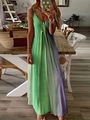 Women's summer V-neck maxi dress with vertical green and purple color block patchwork - S / Bottoms / Green