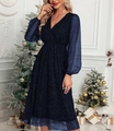 Elegant deep blue V-neck dress with long mesh sleeves and sparkly sequin star pattern - S / Navy Blue