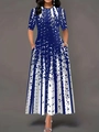 Short sleeve maxi dress in dark blue with white artistic gradient dot and stripe print - S / Top And Bottom / Blue