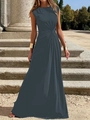Elegant sleeveless dark grey maxi dress with round neck and cinched waist detailing - S / Top And Bottom / Blue Gray