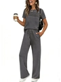 Women's 2-piece dark grey loungewear set featuring short sleeve top and wide leg pants - Dark Gray