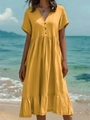 Gros plan sur la robe jaune gingembre à col en V avec boutons et tissu en coton texturé - Jaune