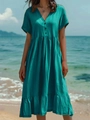Robe courte sarcelle à manches courtes, col en V, boutons décoratifs et ourlet à volants - Vert Foncé
