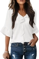 Detalle del top de gasa blanca con cuello en V, volantes y elegantes mangas acampanadas - XL / Blanco
